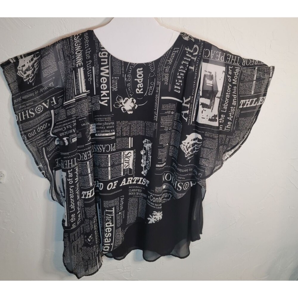 Neo Noble Layered Sheer Top Womens Black Graphic Print Asymmetrical Flowy sz L